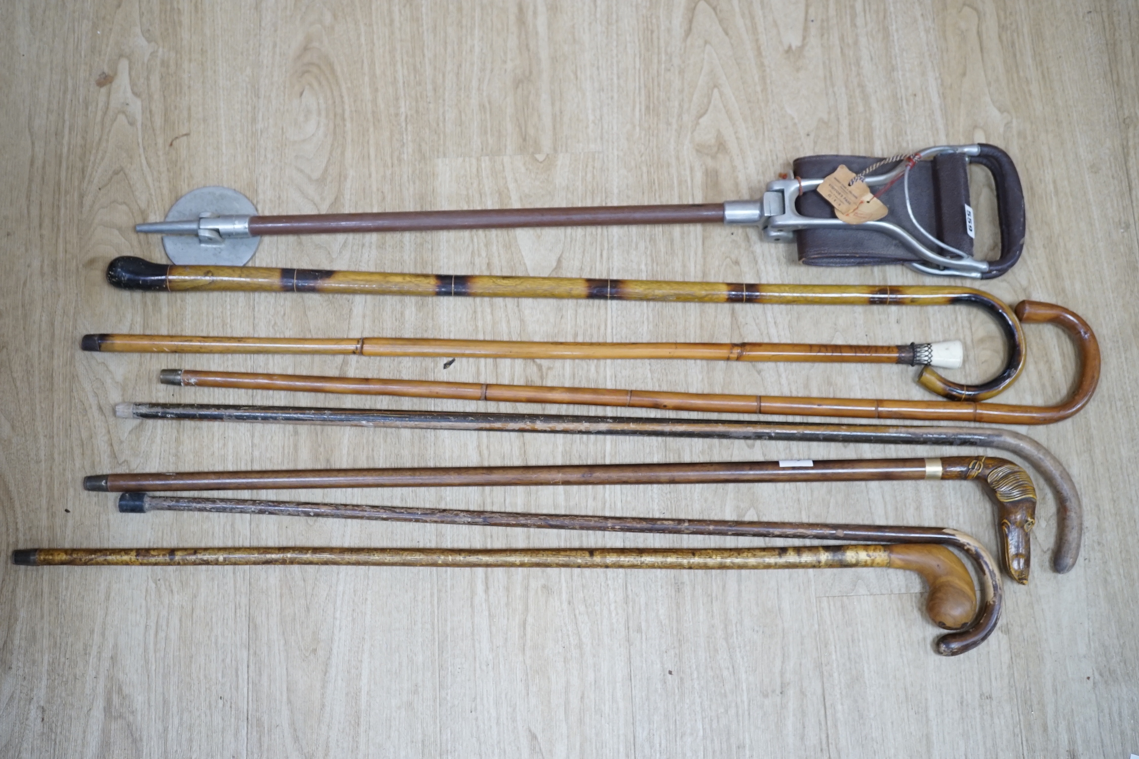 A group of eight various wood walking sticks including a carved ‘dog head’ stick, a cane and a shooting stick